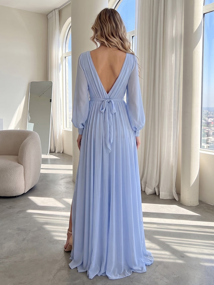 Chiffon A Line V Neck Pleats High Waist Formal Dresses