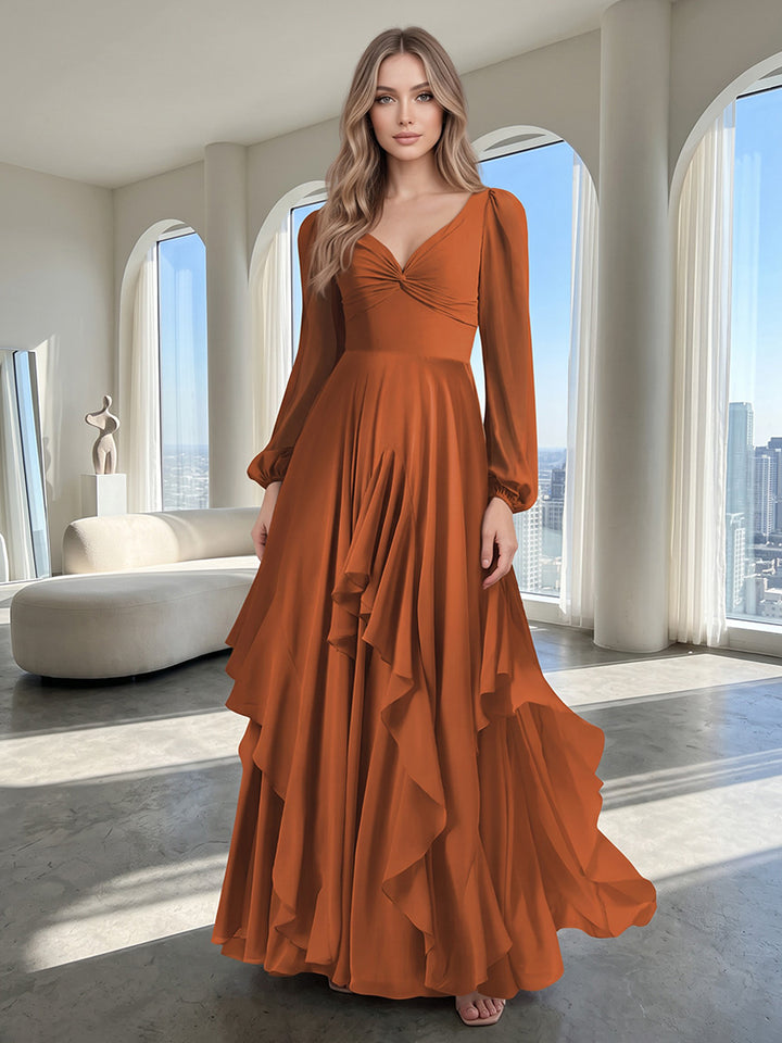 Chiffon A Line V Neck Ruffles Formal Dresses