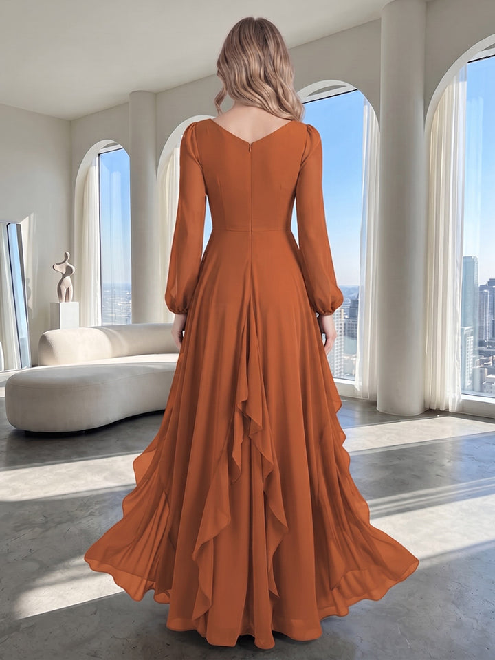 Chiffon A Line V Neck Ruffles Formal Dresses