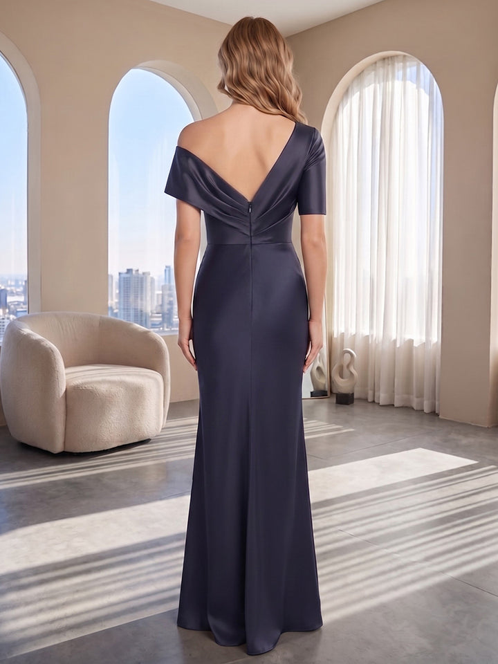 Satin Mermaid Off the Shoulder Ruched Bodice Formal Dresses
