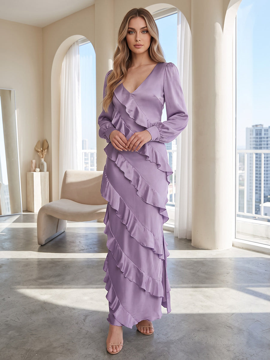 Satin A Line V Neck Ruffles Formal Dresses