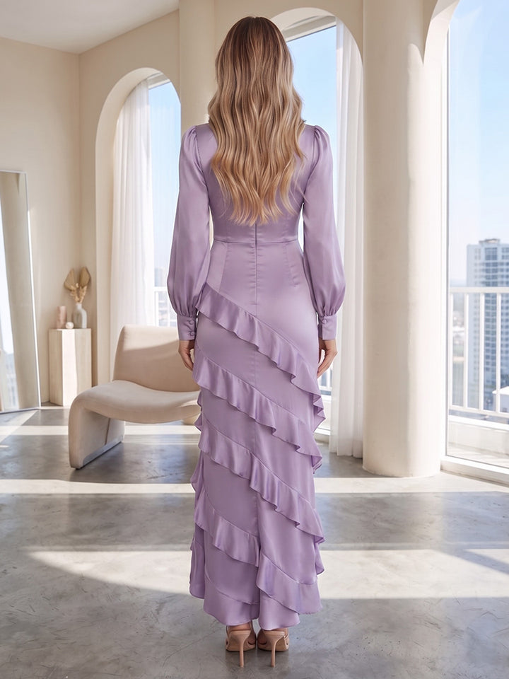 Satin A Line V Neck Ruffles Formal Dresses