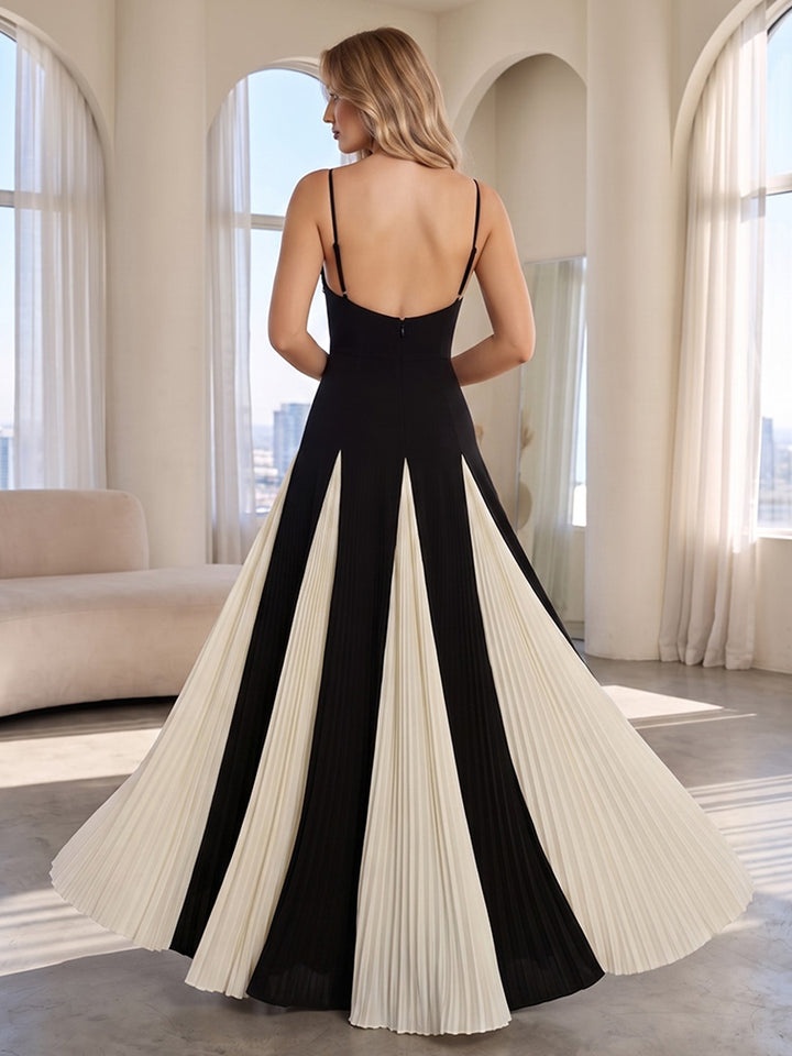 Satin A Line Spaghetti Straps Splicing Formal Dresses