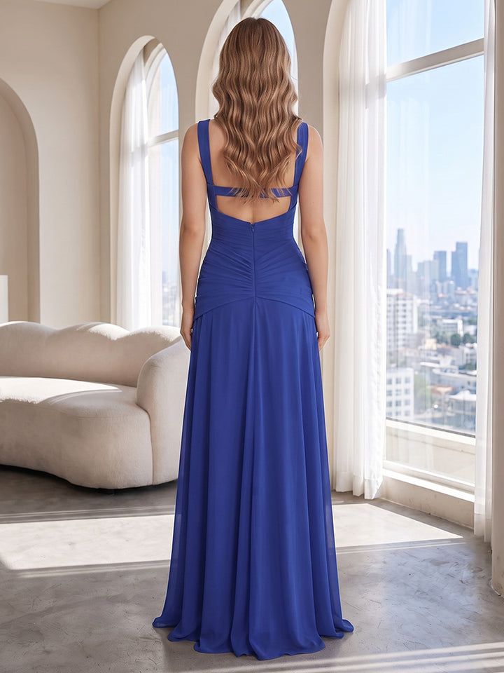 Chiffon A Line Spaghetti Straps Ruched Waist Formal Dresses