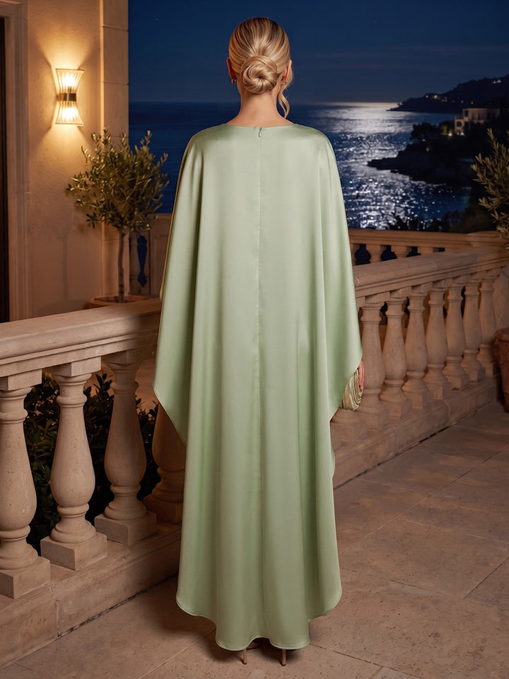 Satin A Line Jewel Neck with Cape High Waist Formal Dresses