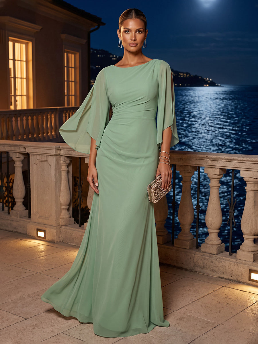 Chiffon A Line Jewel Neck Ruffles Sleeves Formal Dresses