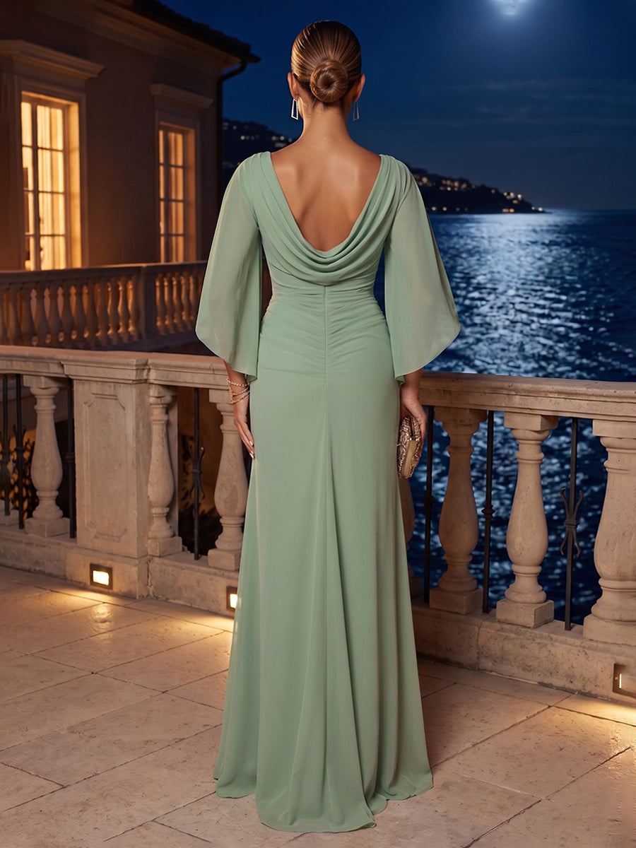 Chiffon A Line Jewel Neck Ruffles Sleeves Formal Dresses