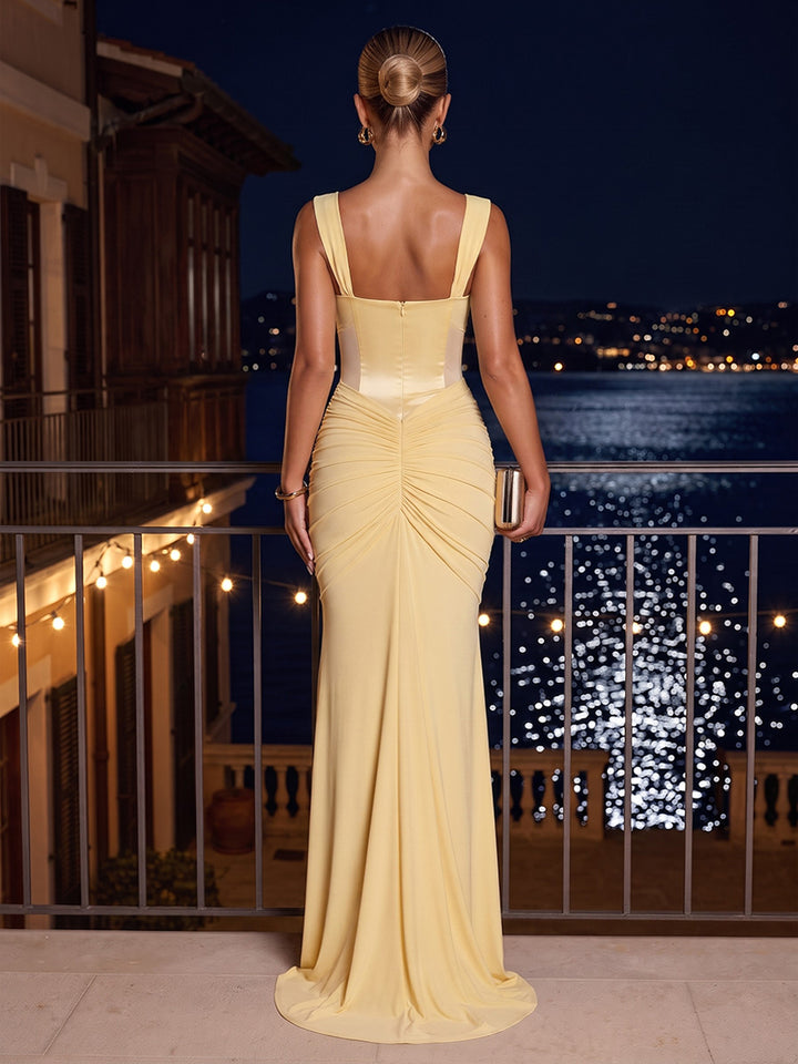 Satin Mermaid Spaghetti Straps Sheer Bodice Ruched Waist Formal Dresses