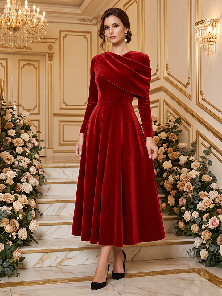Velvet A Line Cowl Neck Ankle Length with Cape Formal Dresses