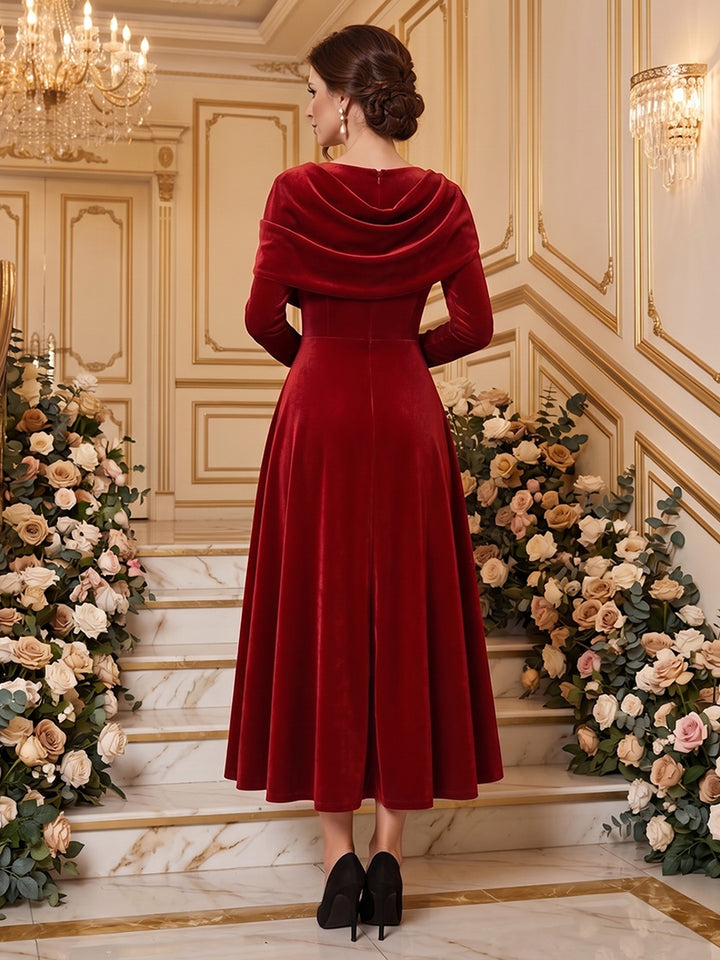 Velvet A Line Cowl Neck Ankle Length with Cape Formal Dresses