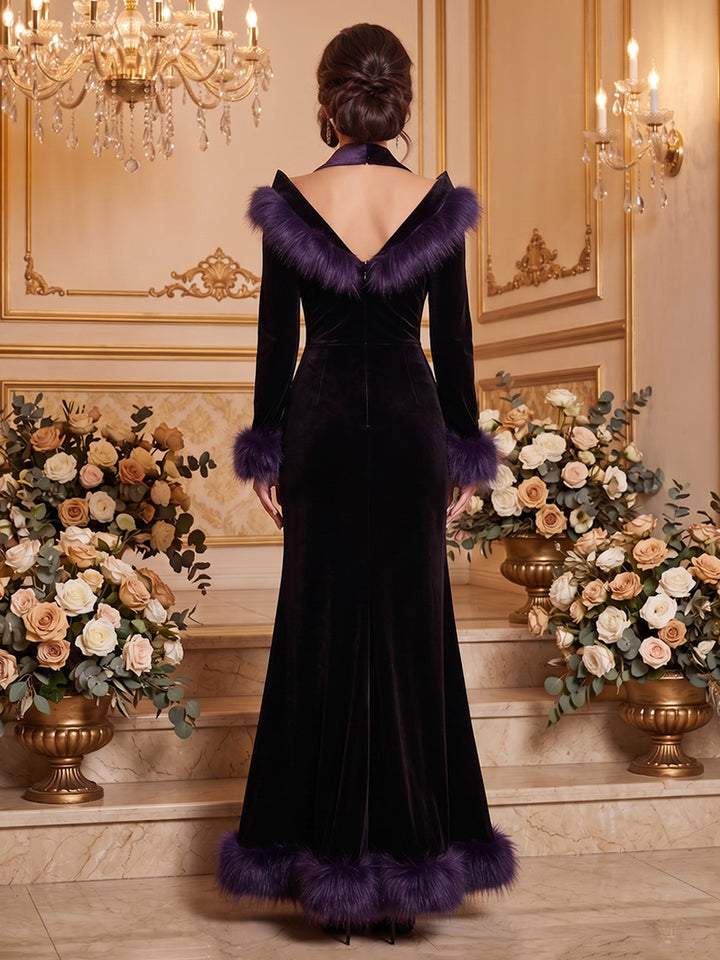 Velvet Mermaid Halter Floor Length with Feather Formal Dresses