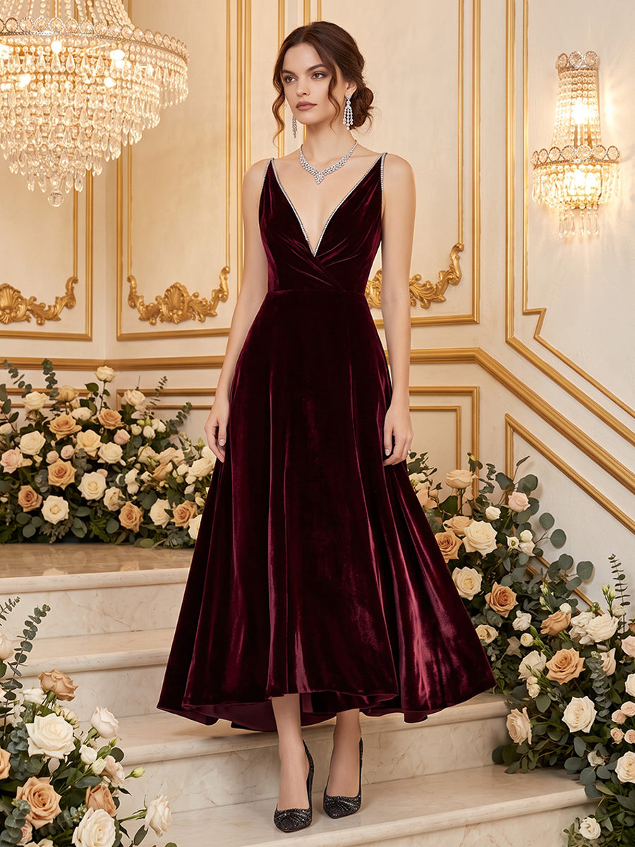 Velvet A Line V Neck Floor Length Beading Formal Dresses