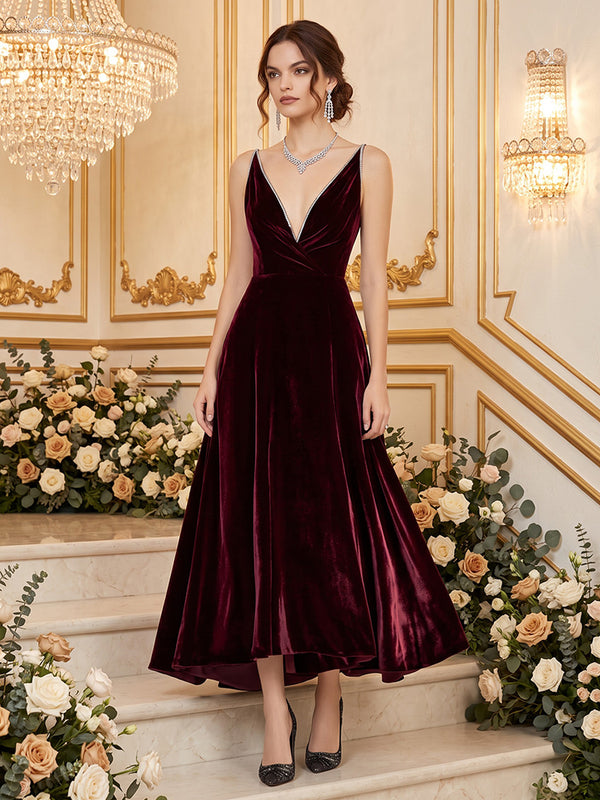 Velvet A Line V Neck Floor Length Beading Formal Dresses