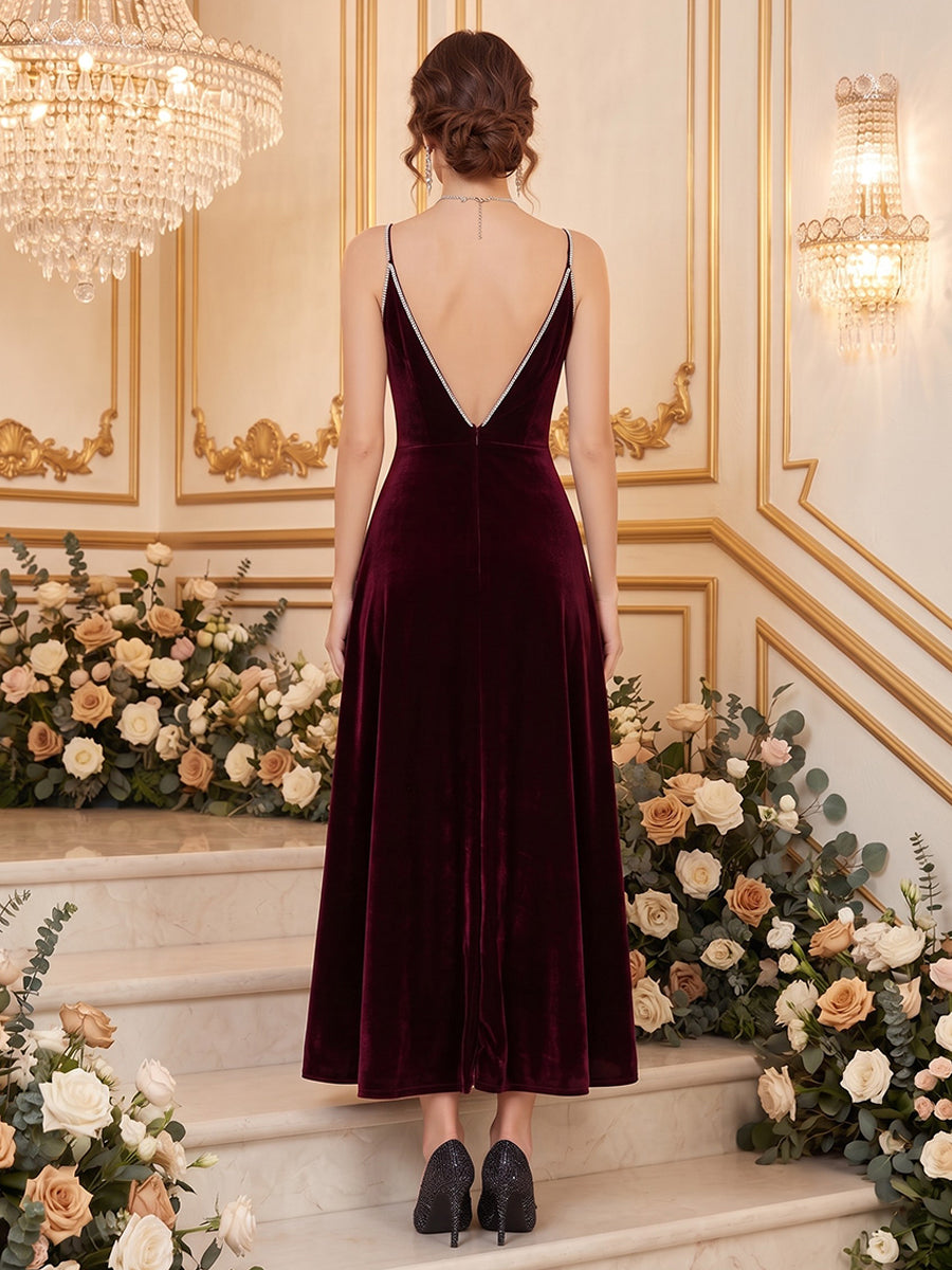 Velvet A Line V Neck Floor Length Beading Formal Dresses