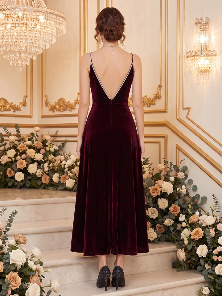 Velvet A Line V Neck Floor Length Beading Formal Dresses