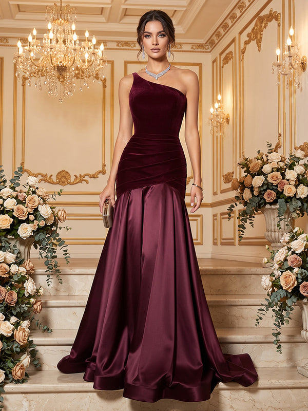 Velvet Mermaid One Shoulder Floor Length Splicing Formal Dresses