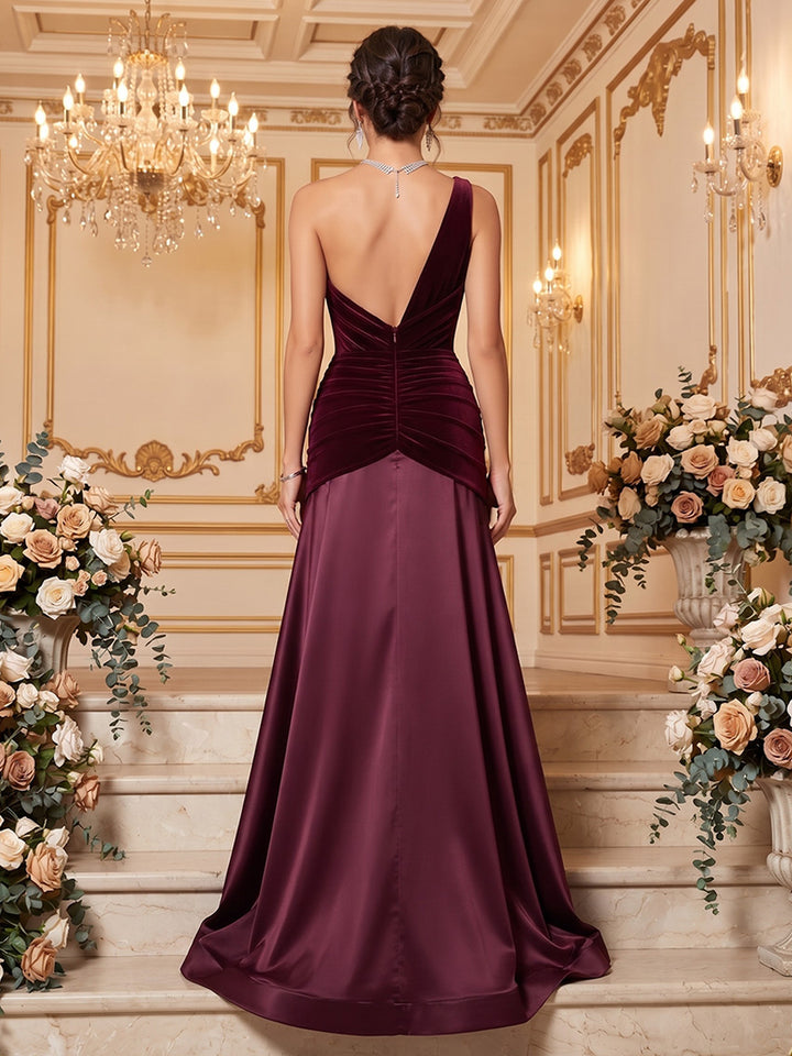 Velvet Mermaid One Shoulder Floor Length Splicing Formal Dresses