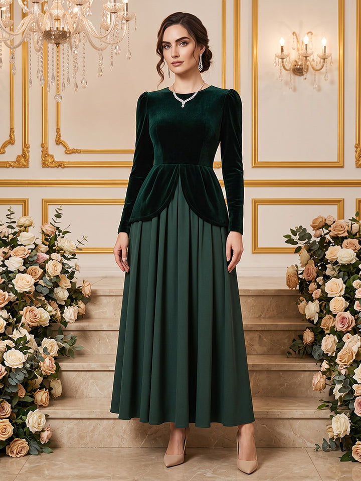 Velvet A Line Round Neck Floor Length Splicing Formal Dresses