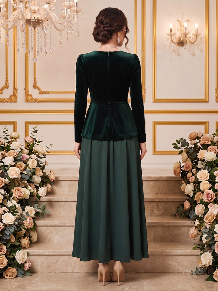 Velvet A Line Round Neck Floor Length Splicing Formal Dresses