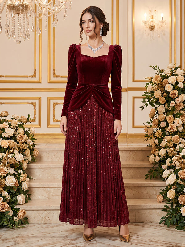 Velvet A Line Square Neck Floor Length Pleats Formal Dresses