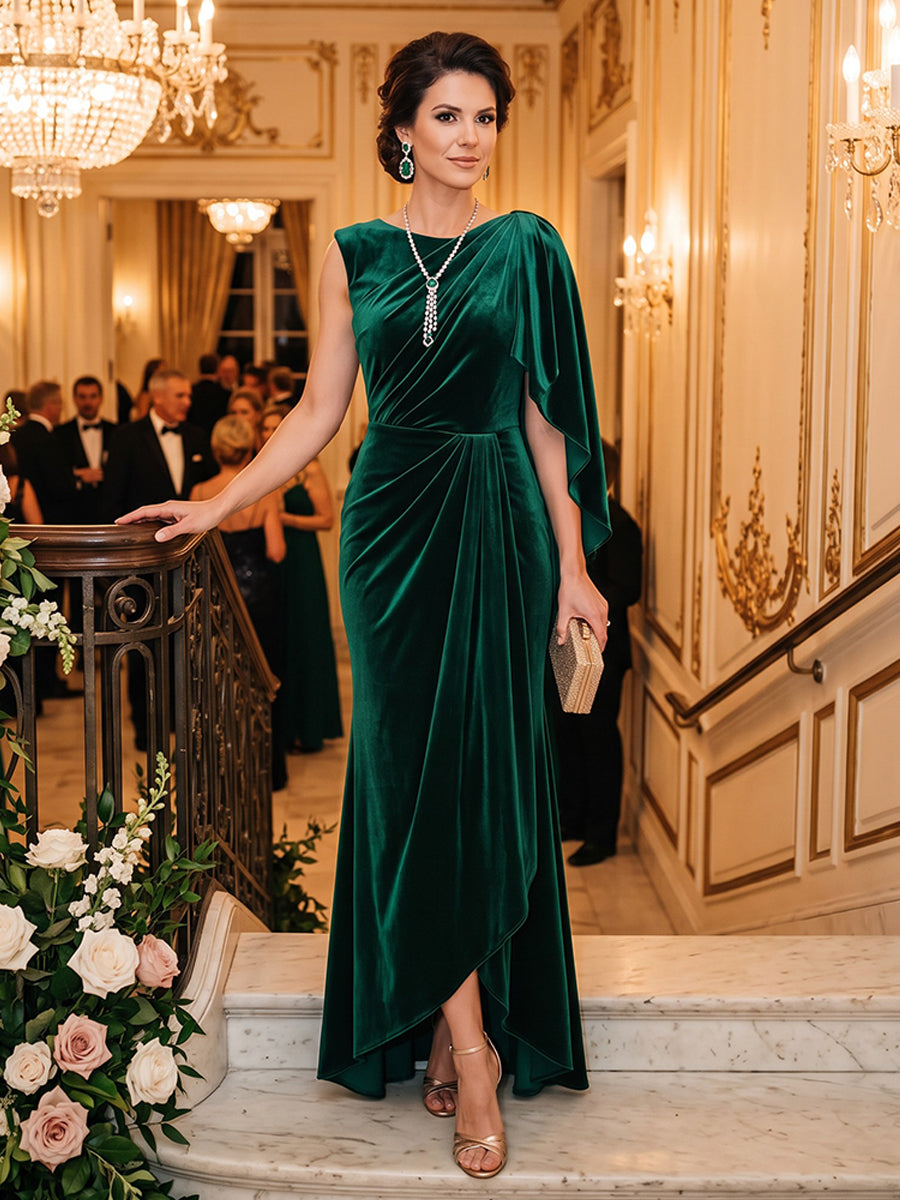 Velvet Sheath Jewel Neck Hi Lo Ruched Formal Dresses
