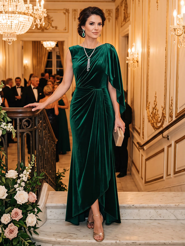Velvet Sheath Jewel Neck Hi Lo Ruched Formal Dresses