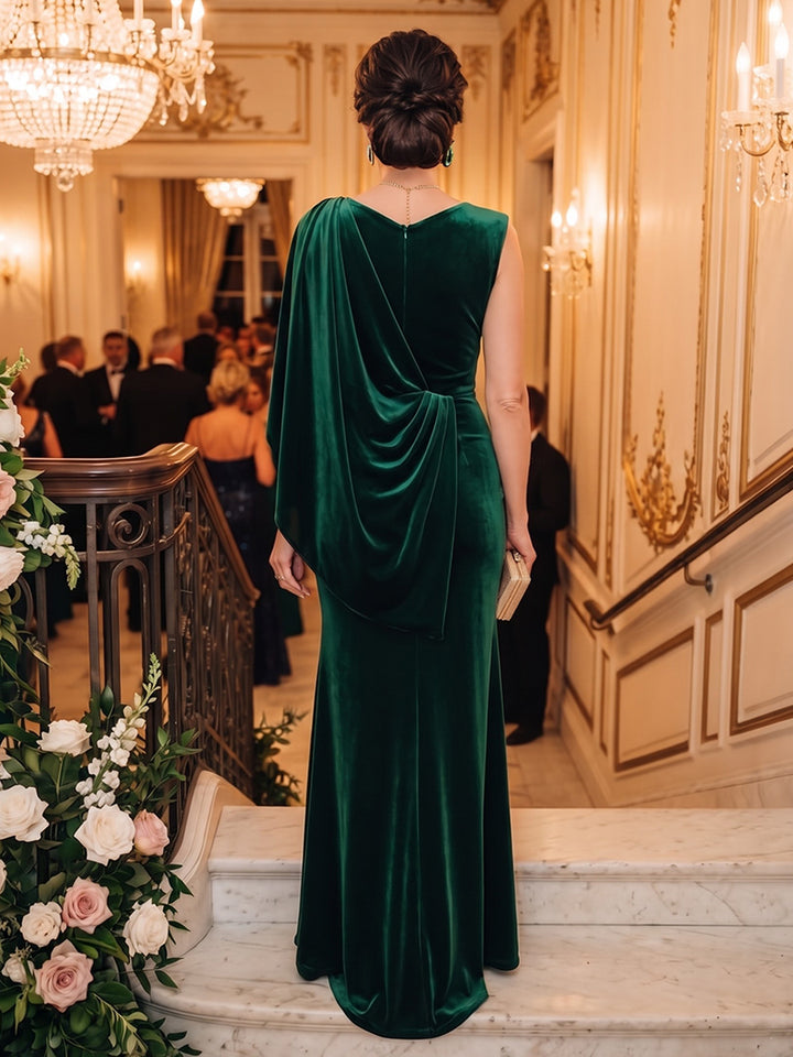 Velvet Sheath Jewel Neck Hi Lo Ruched Formal Dresses