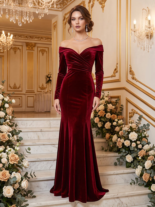 Velvet Mermaid Off the Shoulder Floor Length Ruched Formal Dresses