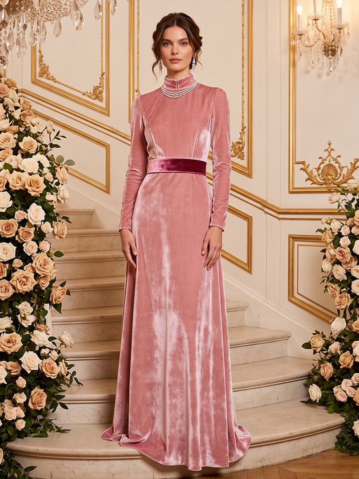 Velvet A Line High Neck Floor Length Belted Wais Formal Dresses