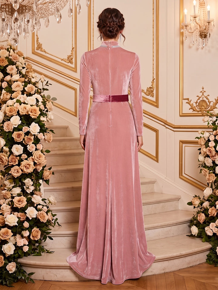 Velvet A Line High Neck Floor Length Belted Wais Formal Dresses