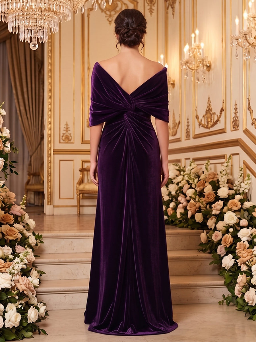 Velvet A Line Off the Shoulder Floor Length Side Slit Formal Dresses