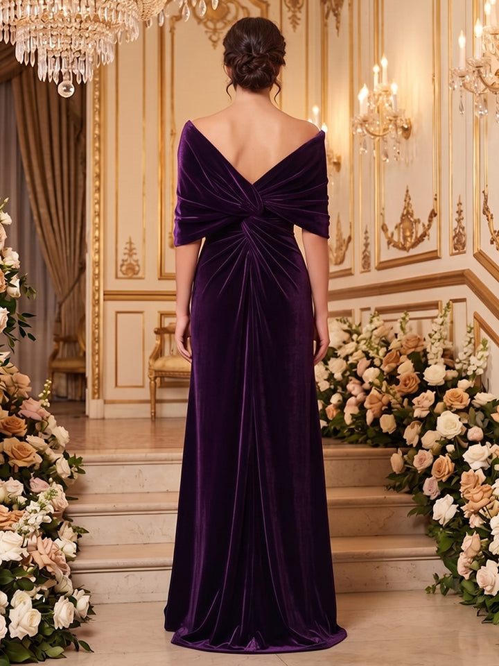 Velvet A Line Off the Shoulder Floor Length Side Slit Formal Dresses
