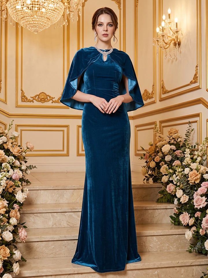 Velvet Mermaid Round Neck Floor Length with Cape Formal Dresses