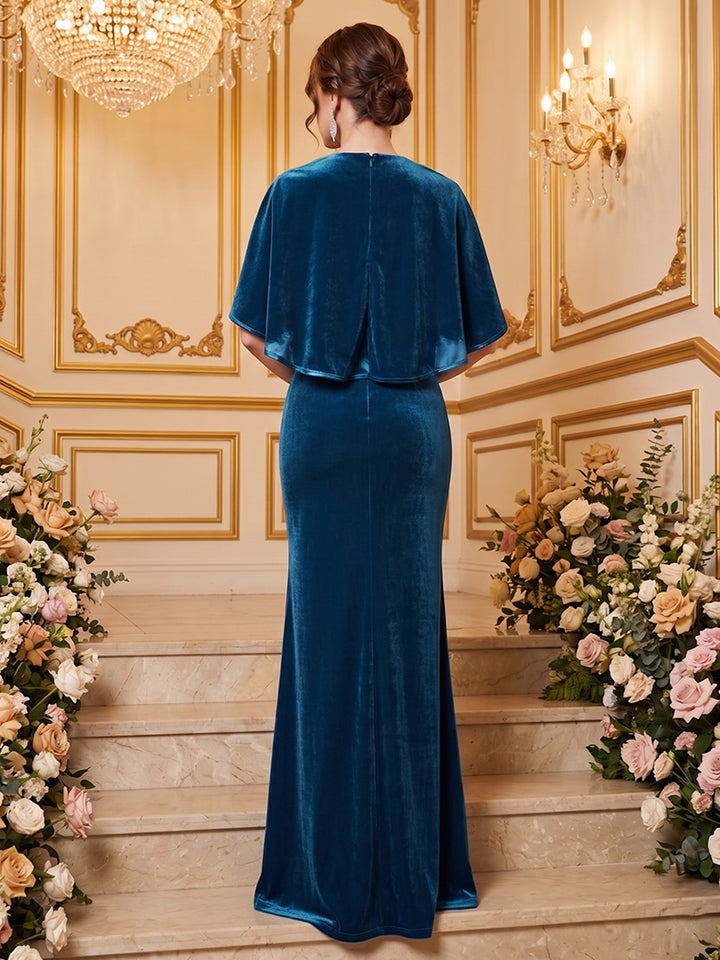 Velvet Mermaid Round Neck Floor Length with Cape Formal Dresses