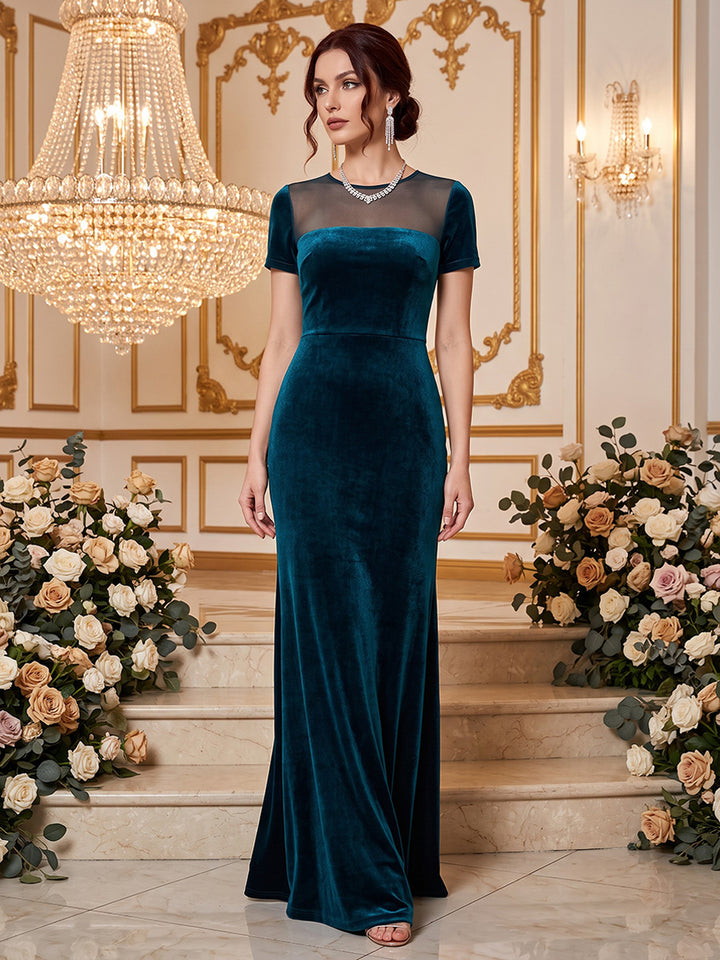 Velvet Mermaid Round Neck Floor Length Splicing Formal Dresses