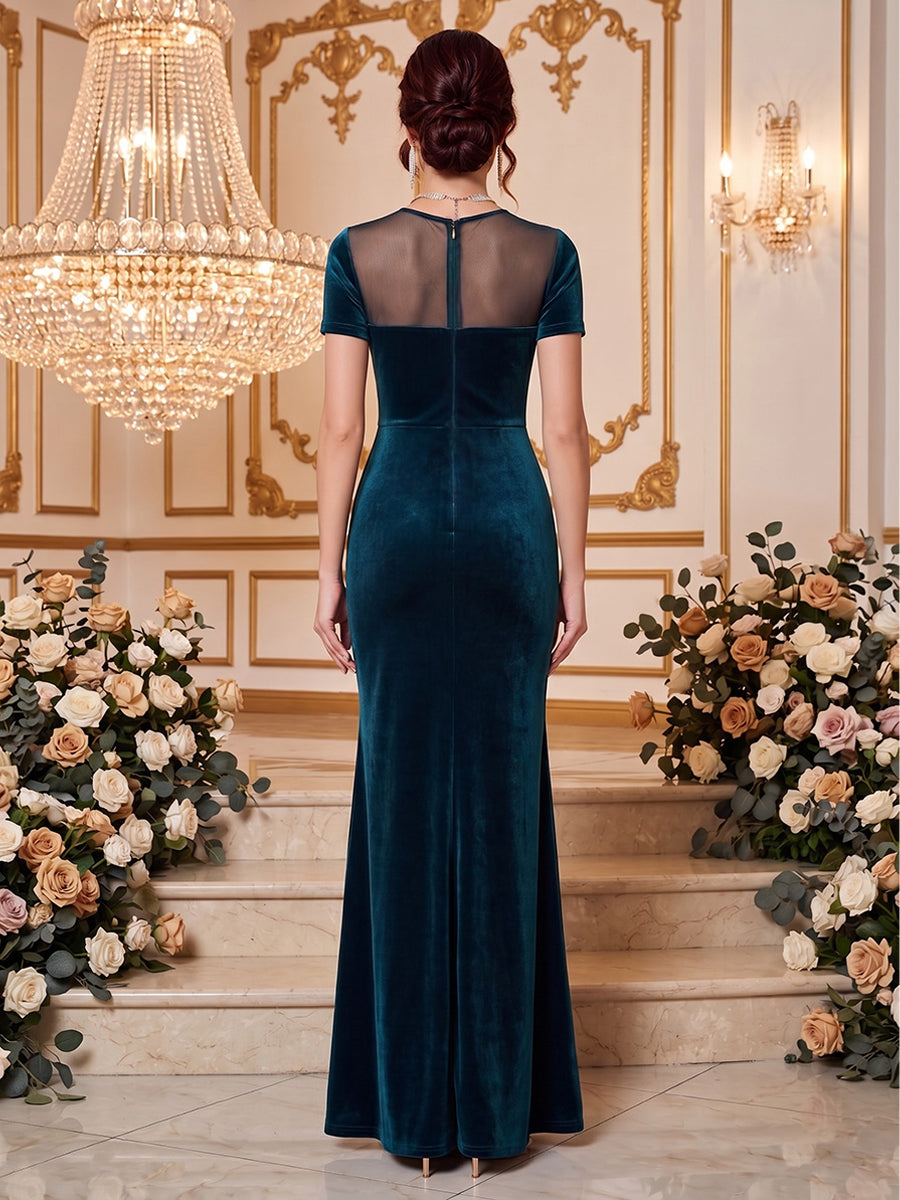 Velvet Mermaid Round Neck Floor Length Splicing Formal Dresses