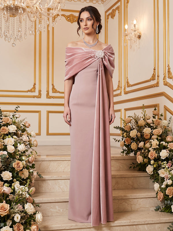 Velvet Mermaid Off the Shoulder Floor Length with Cape Formal Dresses