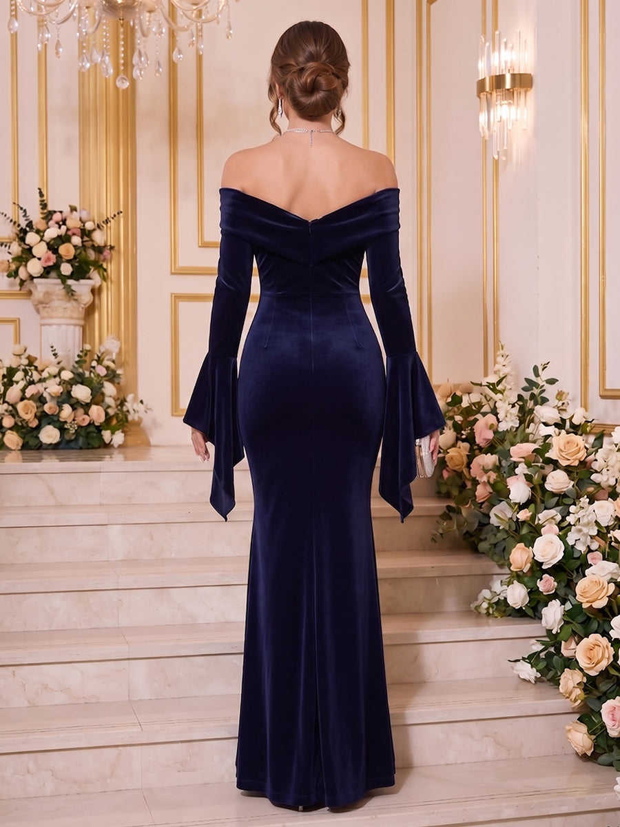 Velvet Mermaid Off the Shoulder Floor Length Fitted Waist Formal Dresses
