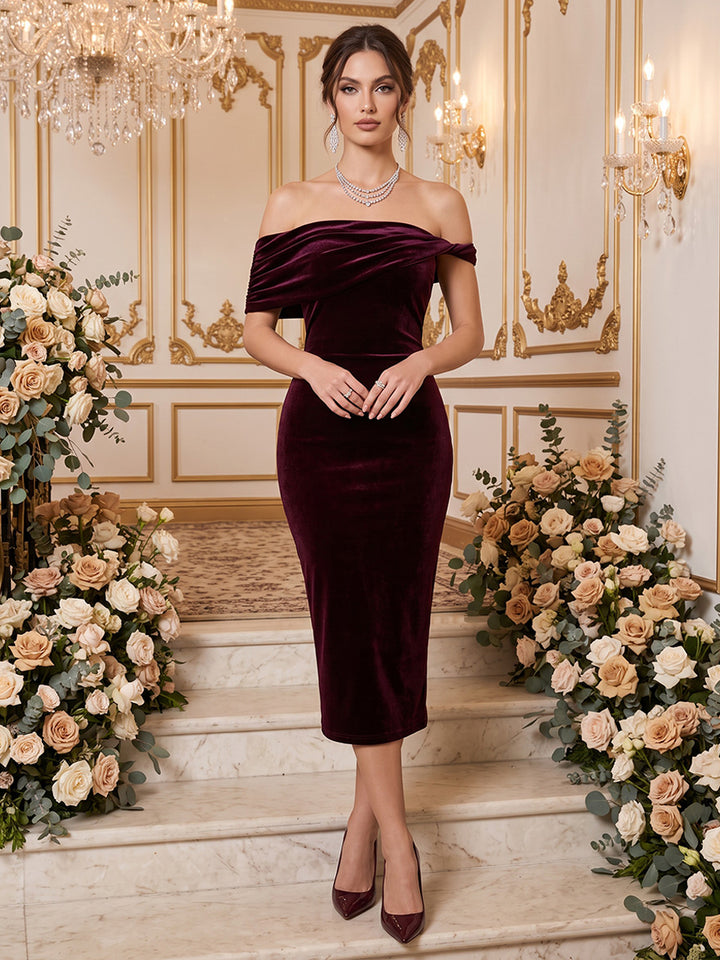 Velvet Sheath Off the Shoulder Tea Length Fitted Waist Formal Dresses