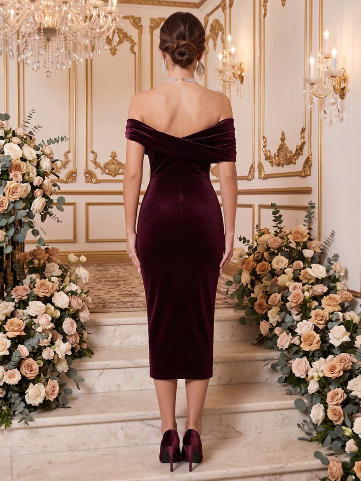 Velvet Sheath Off the Shoulder Tea Length Fitted Waist Formal Dresses