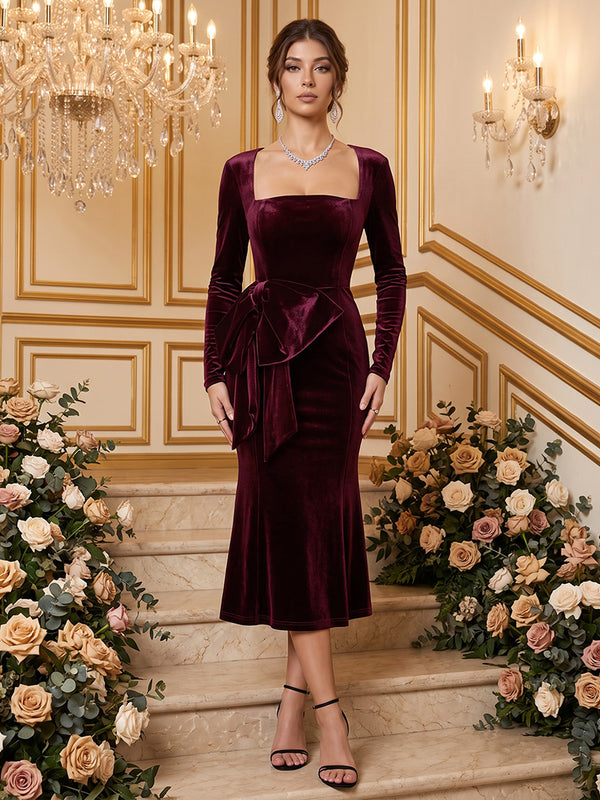 Velvet Mermaid Square Neck Tea Length with Bow Formal Dresses