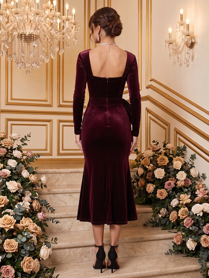 Velvet Mermaid Square Neck Tea Length with Bow Formal Dresses