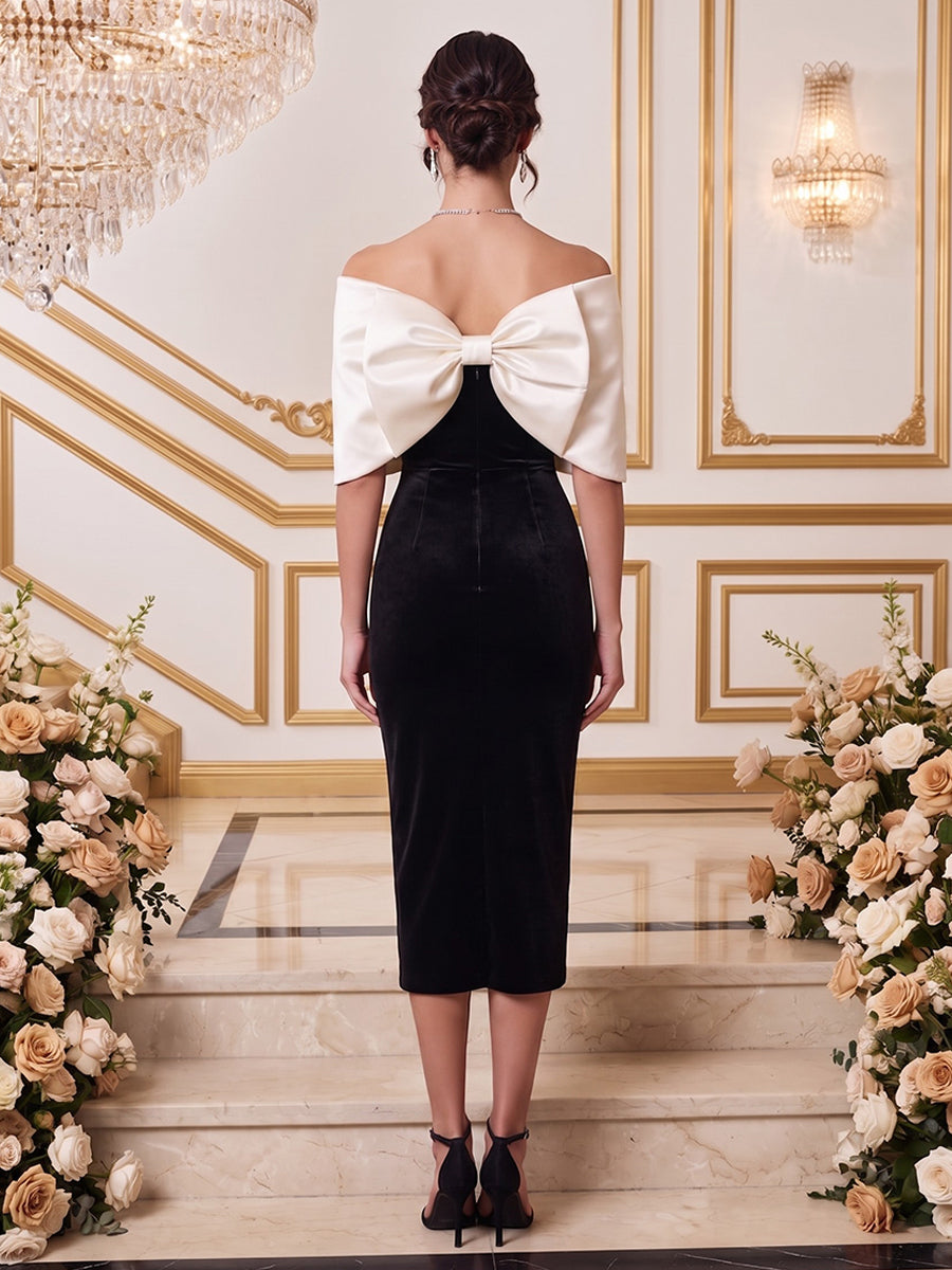 Velvet Sheath Off the Shoulder Tea Length Bicolor Formal Dresses
