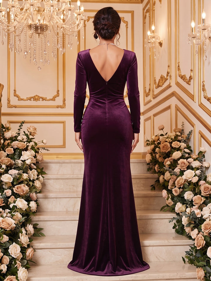 Velvet Mermaid V Neck Ankle Length Ruched Side Slit Formal Dresses