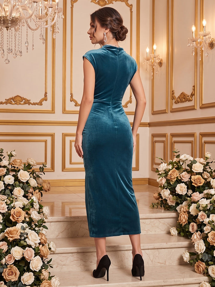 Velvet Sheath High Neck Tea Length Ruched Formal Dresses