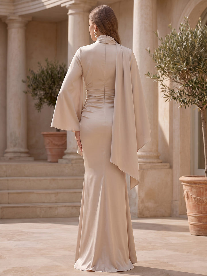 Satin Mermaid High Neck Floor Length with Scarf Formal Dresses