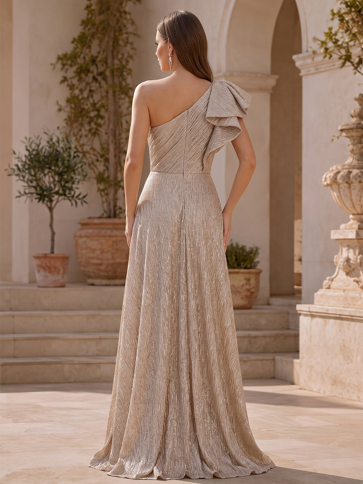 Metallic Satin A Line One Shoulder Floor Length Side Slit Formal Dresses
