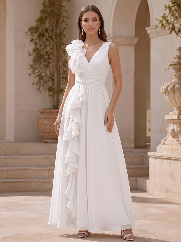 Chiffon A Line V Neck Floor Length Ruffles Formal Dresses