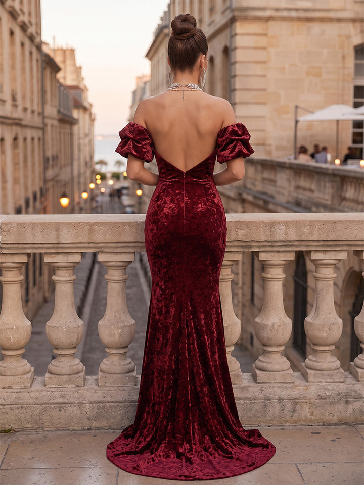 Burnout Velvet Mermaid V Neck Floor Length Deep V Back Formal Dresses