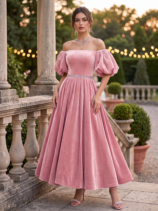 Velvet A Line Off the Shoulder Ankle Length Puff Sleeve Formal Dresses